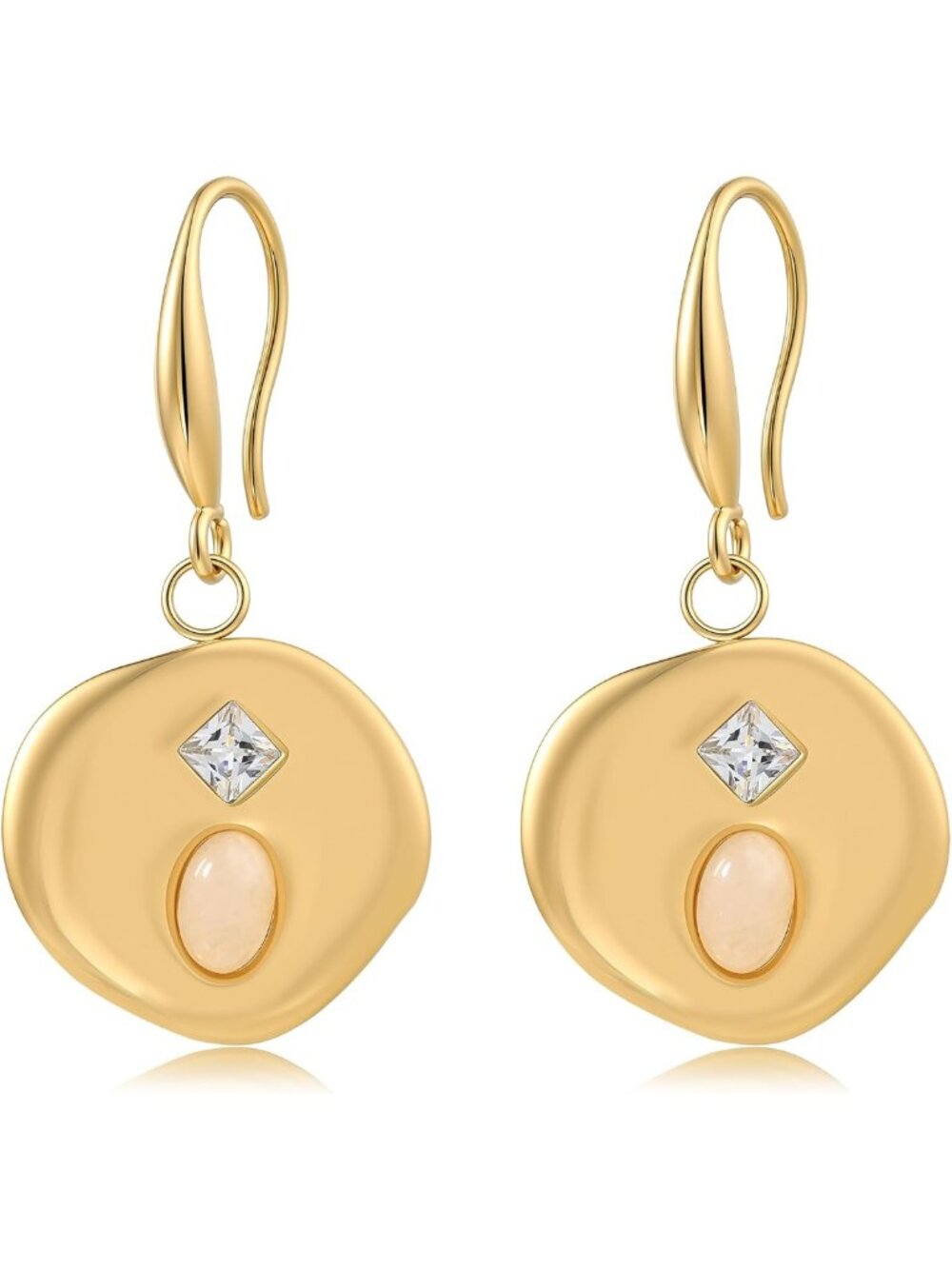 Chic Gold Dangle Earrings for Women | Circle Disc Design with CZ & Opal Accents